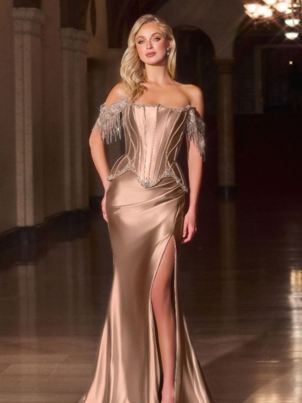 New Mocha Beaded Festive Soft Satin Dress w/ Corset Bodice & Leg Slit CD688